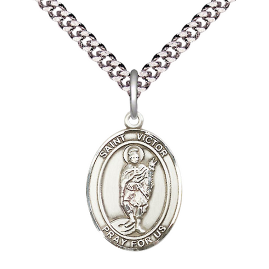 Medium Men's .925 Sterling Silver Saint St. Victor of Marseilles Medal Pendant on 24 Inch Endless Rhodium Plated Heavy Curb Brass Chain, Catholic Religious Necklace - Made in USA- Deluxe Velvet Gift Box