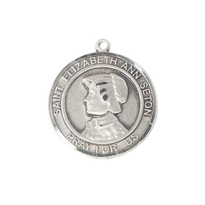 Medium Women's Pewter Saint St. Elizabeth Ann Seton Medal Pendant on 18 Inch Rhodium Plated Lite Curb Brass Chain w/ Lobster Claw clasp, Catholic Religious Necklace - Made in USA - Deluxe Velvet Gift Box