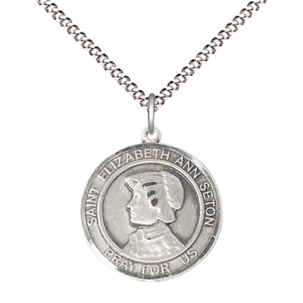 Medium Women's .925 Sterling Silver Saint St. Elizabeth Ann Seton Pendant Necklace on 18 Inch Rhodium- Plated Lite Curb Brass Chain with Lobster Claw Clasp, Catholic Medal - Patron Saint. of Loss of Parent or Young one – Velvet Gift Box