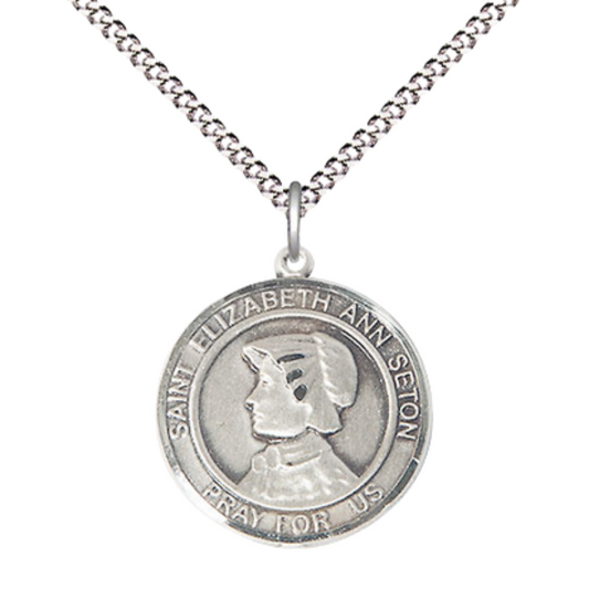 Medium Women's .925 Sterling Silver Saint St. Elizabeth Ann Seton Pendant Necklace on 18 Inch Rhodium- Plated Lite Curb Brass Chain with Lobster Claw Clasp, Catholic Medal - Patron Saint. of Loss of Parent or Young one – Velvet Gift Box