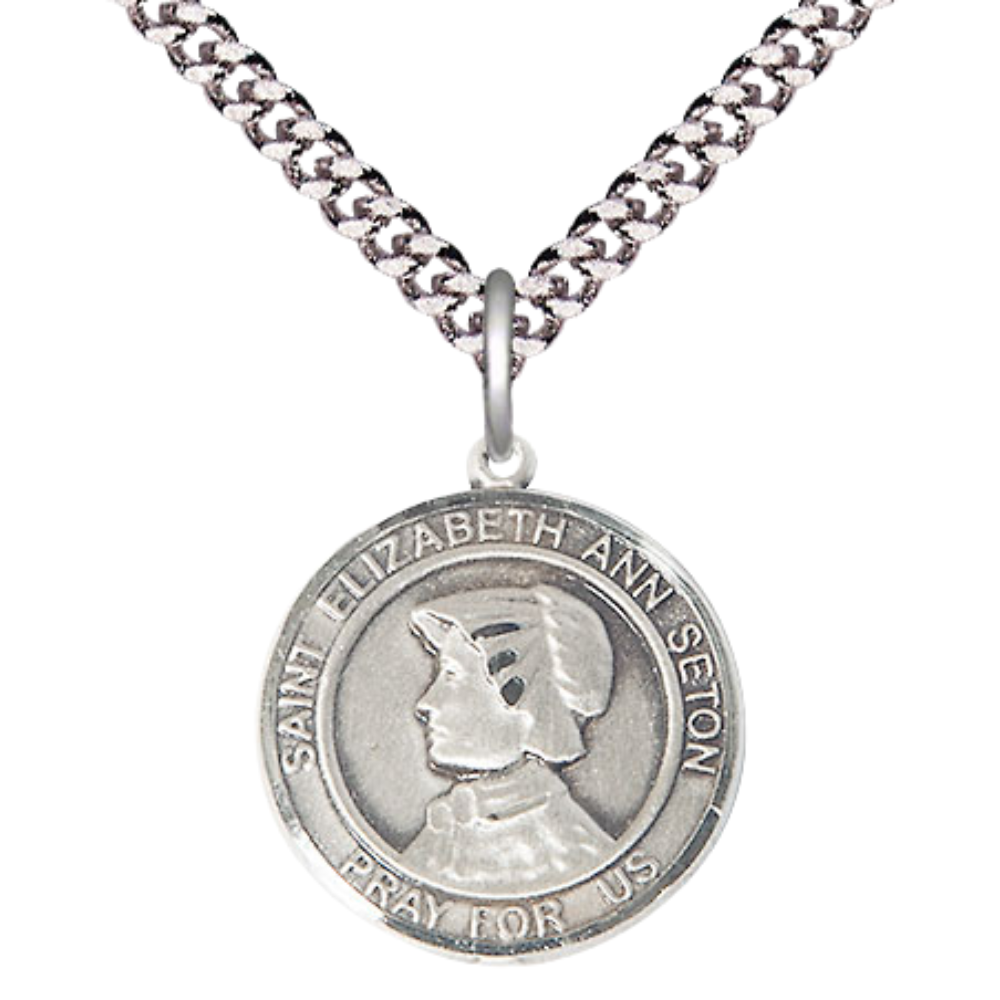 Men's Pewter Saint Elizabeth Ann Seton Round Medium Medal Pendant on 24 Inch Endless Rhodium Plated Heavy Curb Brass Chain, Catholic Religious Necklace -Made in USA- Deluxe Velvet Gift Box