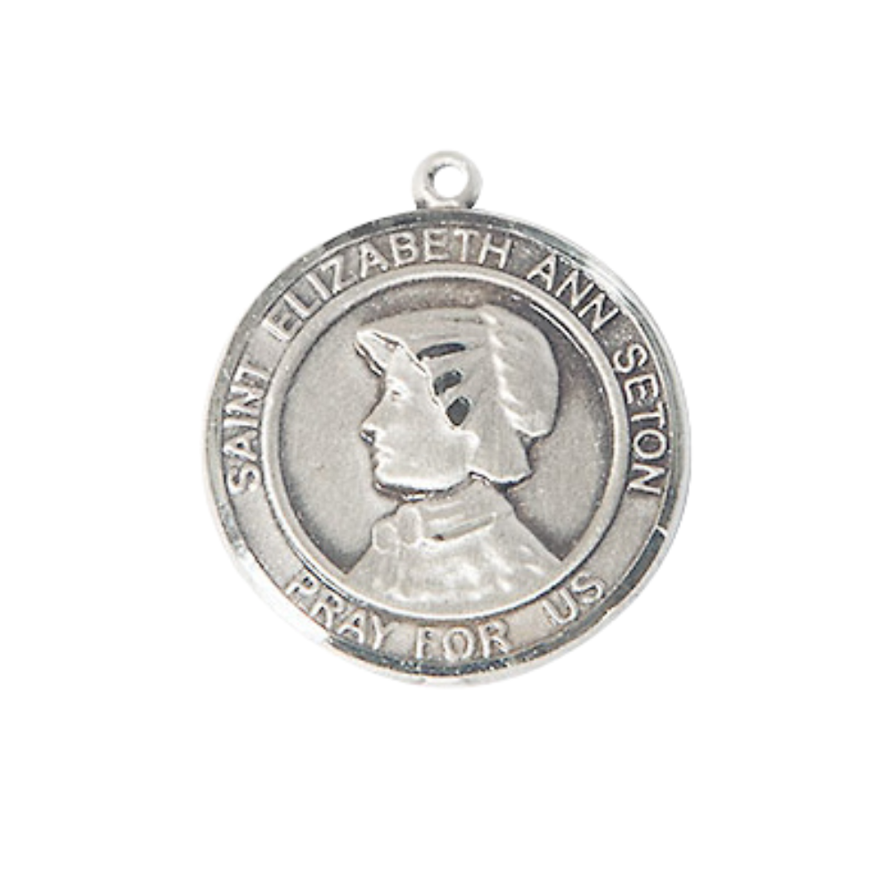 Men's Pewter Saint Elizabeth Ann Seton Round Medium Medal Pendant on 24 Inch Endless Rhodium Plated Heavy Curb Brass Chain, Catholic Religious Necklace -Made in USA- Deluxe Velvet Gift Box