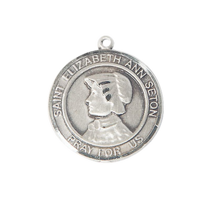 Mens Medium Round Pewter Saint St. Elizabeth Ann Seton Medal Pendant on 24 Inch Rhodium Plated Heavy Curb Brass Chain w/ Lobster Claw Clasp, Catholic Religious Necklace - Made in USA- Velvet Gift Box