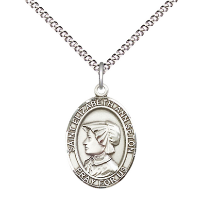 Medium Women's .925 Sterling Silver Saint St. Elizabeth Ann Seton Pendant Necklace on 18 Inch Rhodium- Plated Lite Curb Brass Chain – Patron Saint St. of Loss of Parent or Young Offspring, Catholic Medal – Velvet Gift Box Included