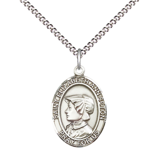 Medium Women's .925 Sterling Silver Saint St. Elizabeth Ann Seton Pendant Necklace on 18 Inch Rhodium- Plated Lite Curb Brass Chain – Patron Saint St. of Loss of Parent or Young Offspring, Catholic Medal – Velvet Gift Box Included
