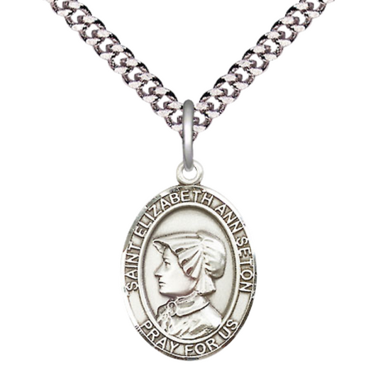 Men's Pewter Saint St. Elizabeth Ann Seton Medium Medal Pendant on 24 Inch Endless Rhodium Plated Heavy Curb Brass Chain, Catholic Religious Necklace - Made in USA- Deluxe Velvet Gift Box