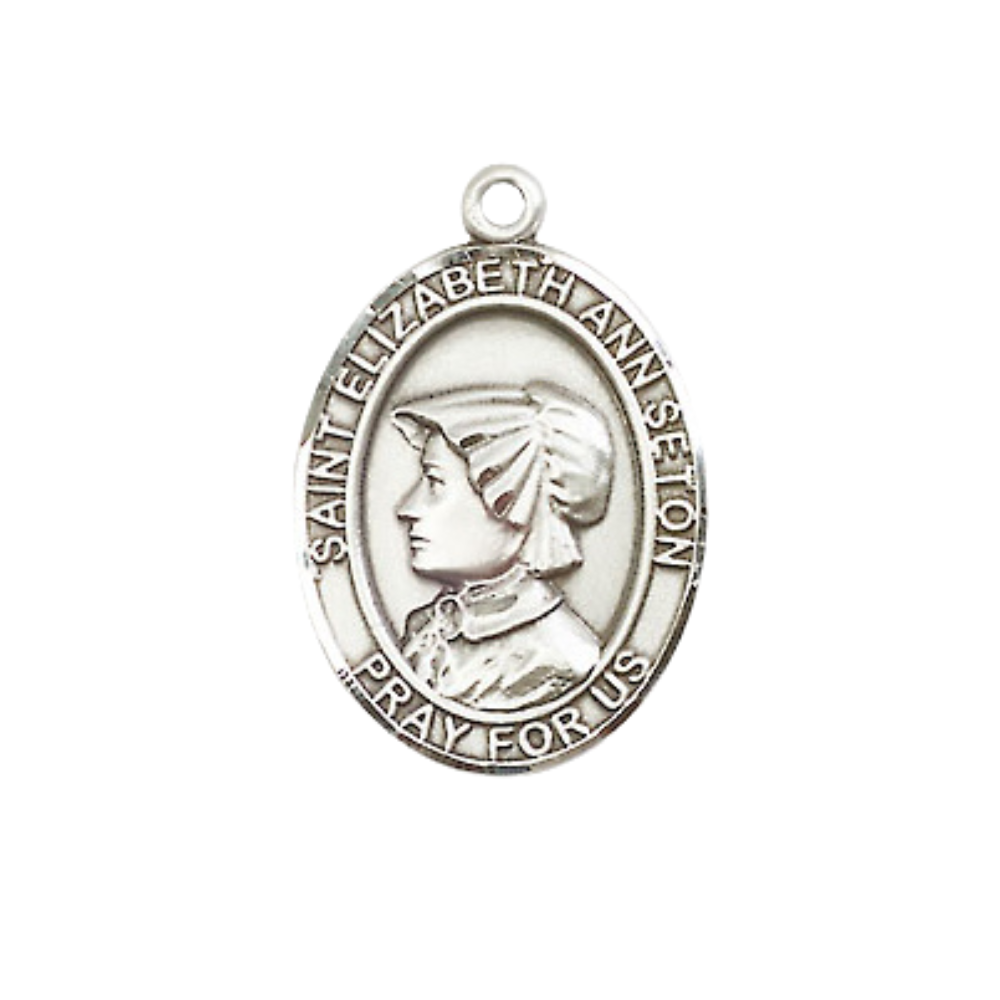 Mens Medium Oval Pewter Saint St. Elizabeth Ann Seton Medal Pendant on 24 Inch Rhodium Plated Heavy Curb Brass Chain w/ Lobster Claw Clasp, Catholic Religious Necklace- Made in USA- Velvet Gift Box