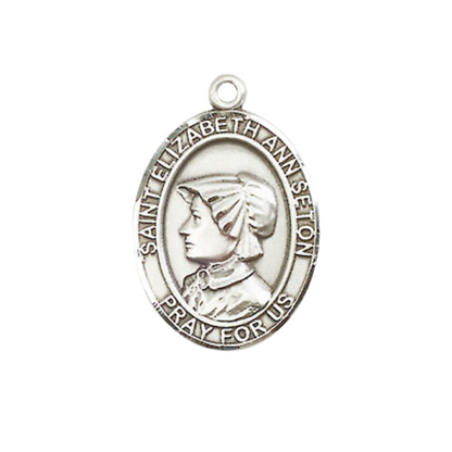 Medium Mens Oval .925 Sterling Silver Saint St. Elizabeth Ann Seton Medal Pendant on 24 Inch Rhodium Plated Heavy Curb Brass Chain w/ Lobster Claw Clasp, Catholic Religious Necklace- Made in USA- Gift Boxed