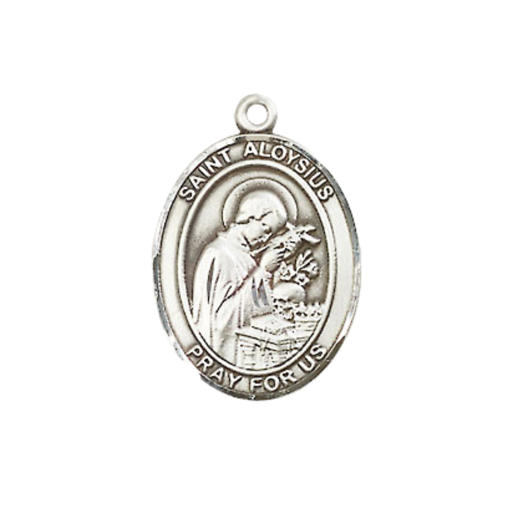 Everlasting Light Jewelry Medium Women's Pewter Saint St. Aloysius Gonzaga Pendant Necklace on 18- inch Rhodium- Plated Lite Curb Brass Chain – Patron Saint St. of AIDS and Teenagers, Catholic Medal – Velvet Gift Box Included