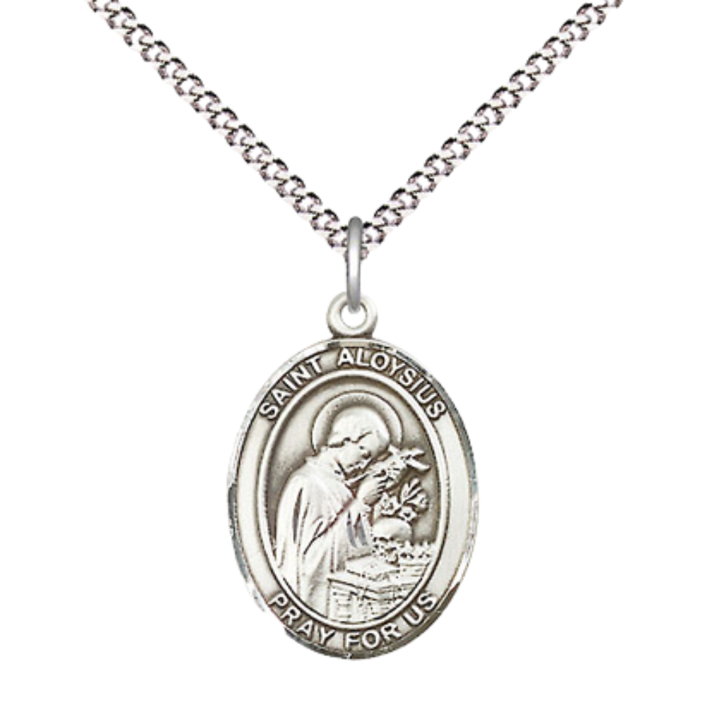 Everlasting Light Jewelry Medium Women's Pewter Saint St. Aloysius Gonzaga Pendant Necklace on 18- inch Rhodium- Plated Lite Curb Brass Chain – Patron Saint St. of AIDS and Teenagers, Catholic Medal – Velvet Gift Box Included