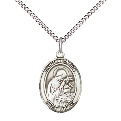 Everlasting Light Jewelry Medium Women's Pewter Saint St. Aloysius Gonzaga Pendant Necklace on 18- inch Rhodium- Plated Lite Curb Brass Chain – Patron Saint St. of AIDS and Teenagers, Catholic Medal – Velvet Gift Box Included