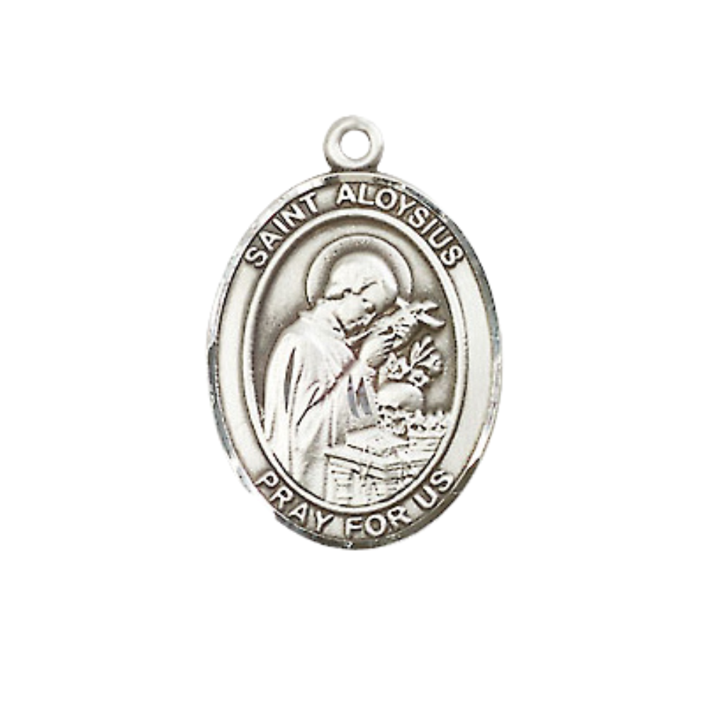 Everlasting Light Jewelry Medium Men's Pewter Saint St. Aloysius Gonzaga Medal Pendant on 24 Inch Endless Rhodium Plated Heavy Curb Brass Chain, Catholic Religious Necklace - Made in USA- Deluxe Velvet Gift Box