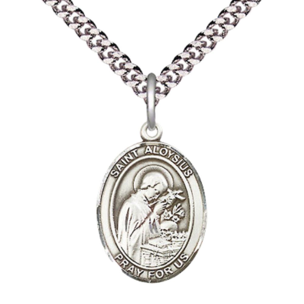 Medium Mens Oval .925 Sterling Silver Saint St. Aloysius Gonzaga Medal Pendant on 24 Inch Rhodium Plated Heavy Curb Brass Chain w/ Lobster Claw Clasp, Catholic Religious Necklace - Made in USA- Velvet Gift Box