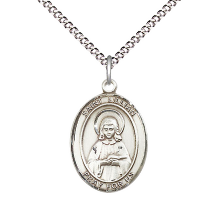 Everlasting Light Jewelry Medium Women's Sterling Silver Saint Lillian Pendant Necklace on 18" Rhodium Plated Lite Curb Brass Chain – Patron Saint of Those Named Lillian – Velvet Gift Box Included