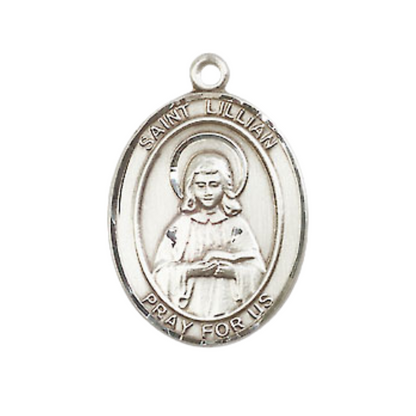 Mens Medium Oval .925 Sterling Silver Saint St. Lillian Medal Pendant on 24 Inch Rhodium Plated Heavy Curb Brass Chain w/ Lobster Claw Clasp, Catholic Religious Necklace - Made in USA- Velvet Gift Box