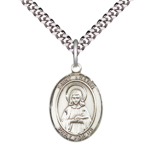 Everlasting Light Jewelry Medium Men's Pewter Saint St. Lillian Medal Pendant on 24 Inch Endless Rhodium Plated Heavy Curb Brass Chain, Catholic Religious Necklace - Made in USA- Deluxe Velvet Gift Box