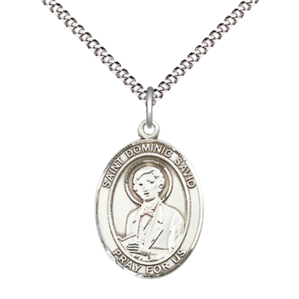 Everlasting Light Jewelry Medium Women's .925 Sterling Silver Saint St. Dominic Savio Pendant Necklace on 18 Inch Rhodium- Plated Lite Curb Brass Chain – Patron Saint St. of Juvenile Delinquents, Catholic Medal – Velvet Gift Box Included