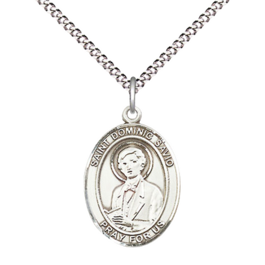 Everlasting Light Jewelry Medium Women's .925 Sterling Silver Saint St. Dominic Savio Pendant Necklace on 18 Inch Rhodium- Plated Lite Curb Brass Chain – Patron Saint St. of Juvenile Delinquents, Catholic Medal – Velvet Gift Box Included
