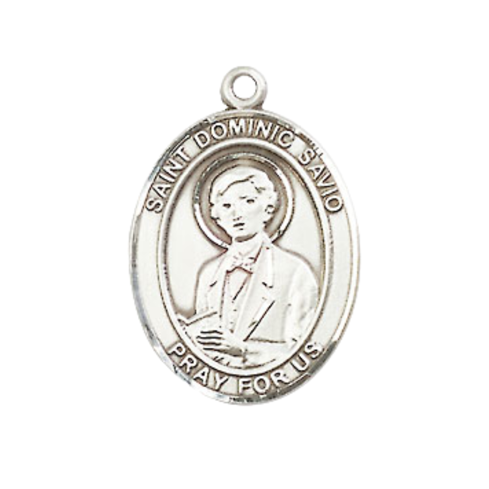 Everlasting Light Jewelry Medium Men's Pewter Saint St. Dominic Savio Medal Pendant on 24 Inch Endless Rhodium Plated Heavy Curb Brass Chain, Catholic Religious Necklace - Made in USA- Deluxe Velvet Gift Box