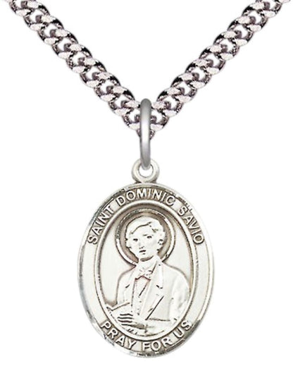 Everlasting Light Jewelry Medium Men's Pewter Saint St. Dominic Savio Medal Pendant on 24 Inch Endless Rhodium Plated Heavy Curb Brass Chain, Catholic Religious Necklace - Made in USA- Deluxe Velvet Gift Box
