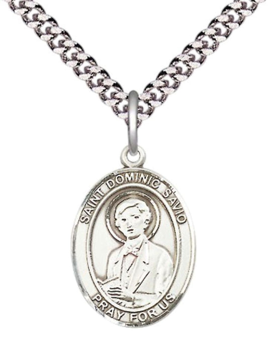 Medium Men's .925 Sterling Silver Saint St. Dominic Savio Medal Pendant on 24 Inch Endless Rhodium Plated Heavy Curb Brass Chain, Catholic Religious Necklace - Made in USA- Deluxe Velvet Gift Box