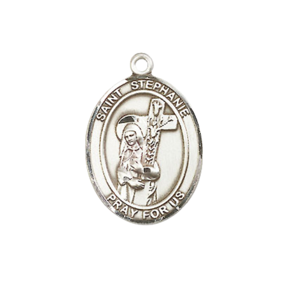 Everlasting Light Jewelry Medium Women's Sterling Silver Saint St.ephanie Pendant Necklace on 18" Rhodium Plated Lite Curb Brass Chain – Patron Saint St.of St. Stephen – Velvet Gift Box Included