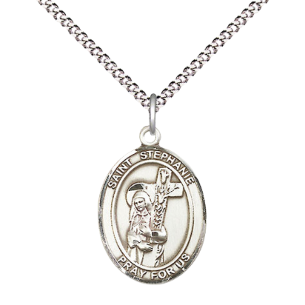Everlasting Light Jewelry Medium Women's Sterling Silver Saint St.ephanie Pendant Necklace on 18" Rhodium Plated Lite Curb Brass Chain – Patron Saint St.of St. Stephen – Velvet Gift Box Included