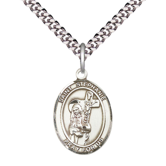 Mens Medium Oval .925 Sterling Silver Saint St. ephanie Medal Pendant on 24 Inch Rhodium Plated Heavy Curb Brass Chain w/ Lobster Claw Clasp, Catholic Religious Necklace - Made in USA- Velvet Gift Box
