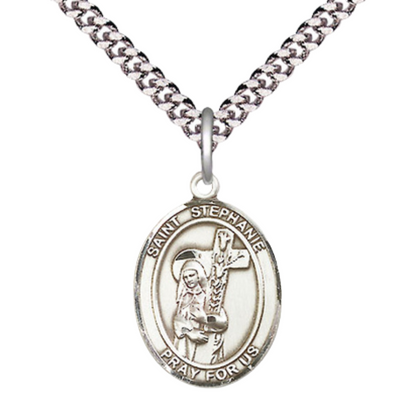 Medium Men's .925 Sterling Silver Saint St. ephanie Medal Pendant on 24 Inch Endless Rhodium Plated Heavy Curb Brass Chain, Catholic Religious Necklace - Made in USA- Deluxe Velvet Gift Box
