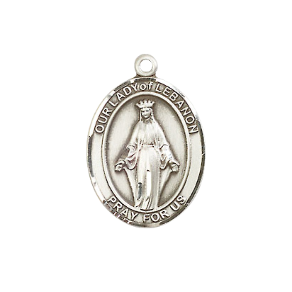 Medium Women's Pewter Our Lady Of Good Help Medal Pendant on 18 Inch Rhodium Plated Lite Curb Brass Chain with Lobster Claw Clasp, Catholic Religious Necklace - Made in USA- Velvet Gift Box