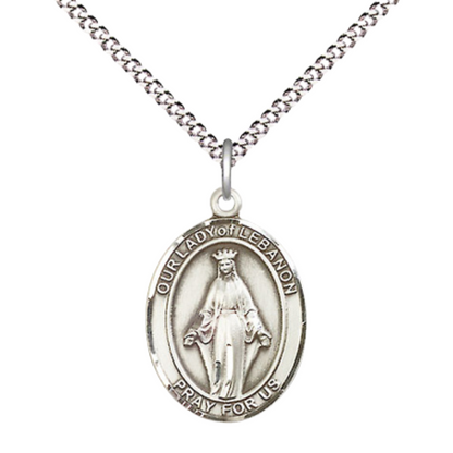 Everlasting Light Jewelry Medium Women's Pewter Our Lady of Lebanon Pendant Necklace on 18- inch Rhodium- Plated Lite Curb Brass Chain – Catholic Religious Medal – Velvet Gift Box Included