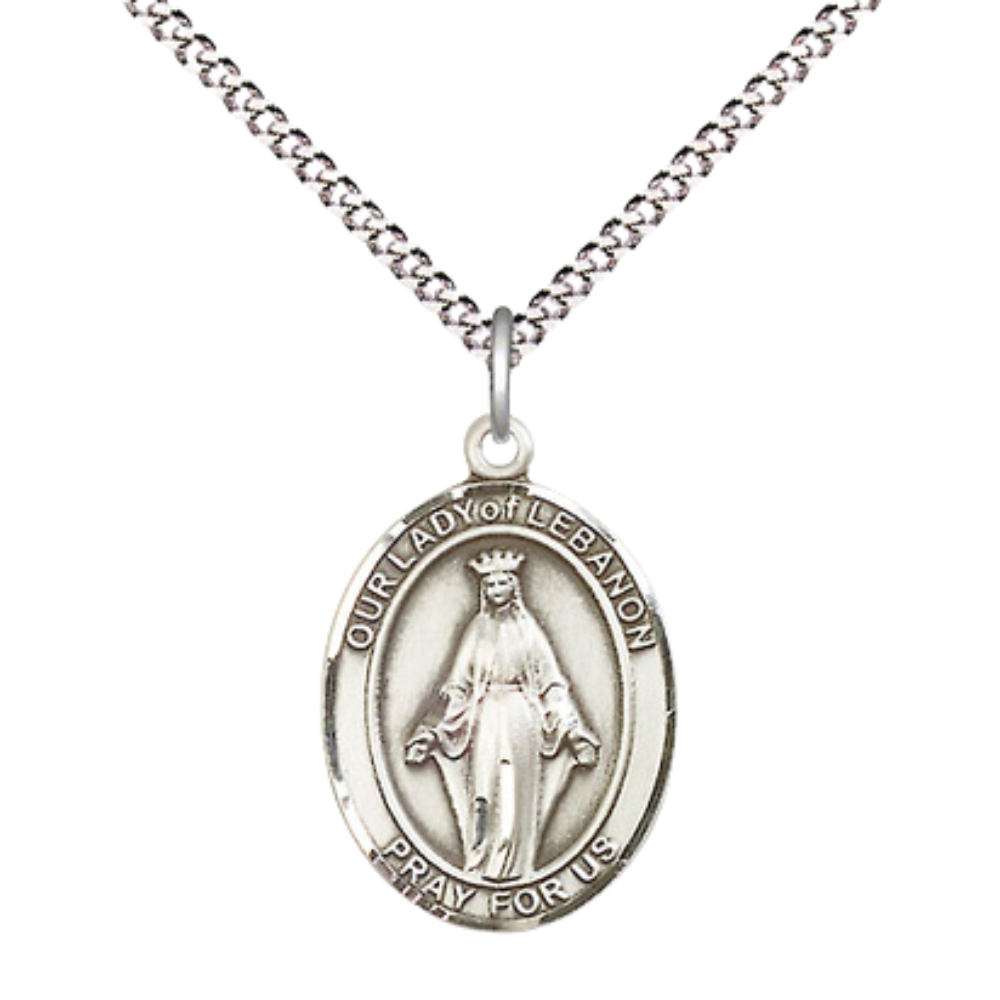 Medium Women's Pewter Our Lady Of Good Help Medal Pendant on 18 Inch Rhodium Plated Lite Curb Brass Chain with Lobster Claw Clasp, Catholic Religious Necklace - Made in USA- Velvet Gift Box