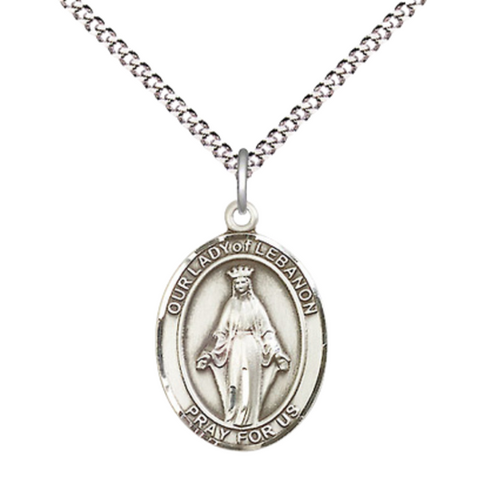 Medium Women's Pewter Our Lady Of Good Help Medal Pendant on 18 Inch Rhodium Plated Lite Curb Brass Chain with Lobster Claw Clasp, Catholic Religious Necklace - Made in USA- Velvet Gift Box