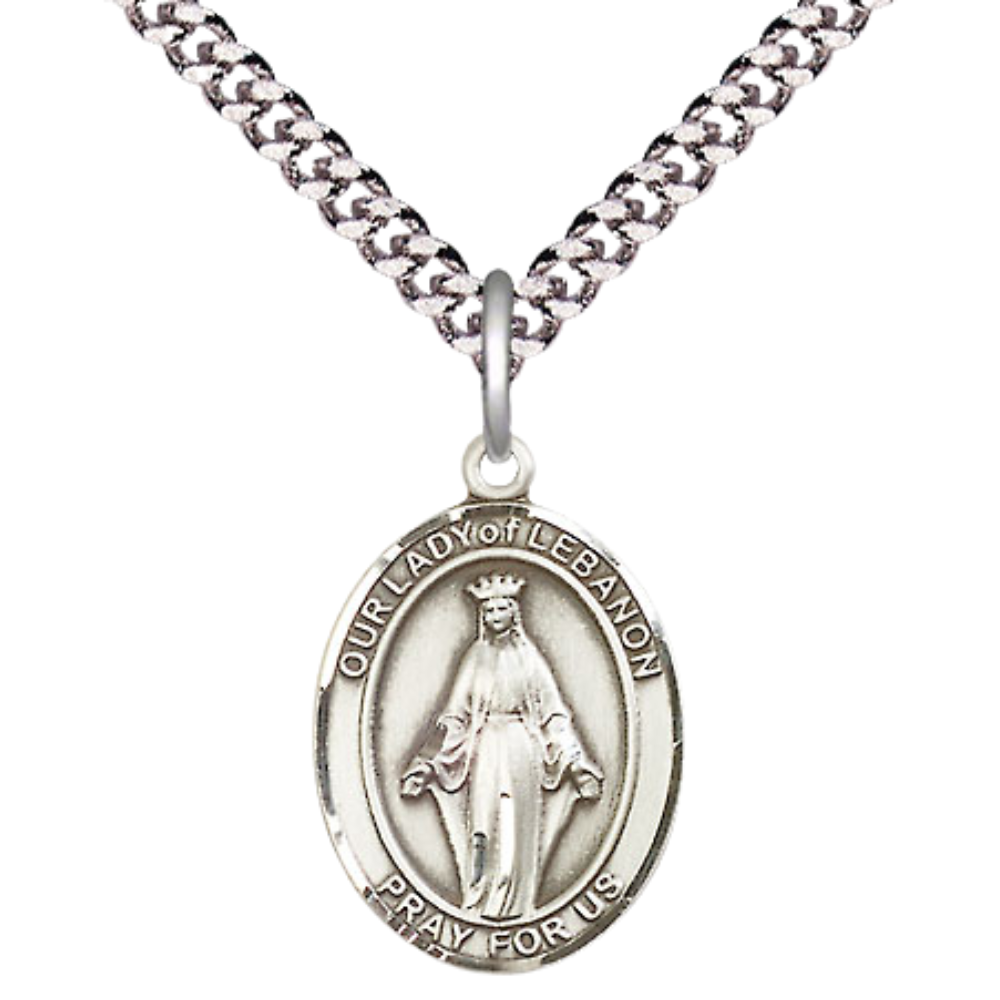 Everlasting Light Jewelry Medium Men's Pewter Our Lady of Lebanon Medal Pendant on 24 Inch Endless Rhodium Plated Heavy Curb Brass Chain, Catholic Religious Necklace -Made in USA- Deluxe Velvet Gift Box