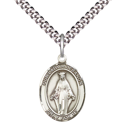 Everlasting Light Jewelry Medium Men's Pewter Our Lady of Lebanon Medal Pendant on 24 Inch Endless Rhodium Plated Heavy Curb Brass Chain, Catholic Religious Necklace -Made in USA- Deluxe Velvet Gift Box