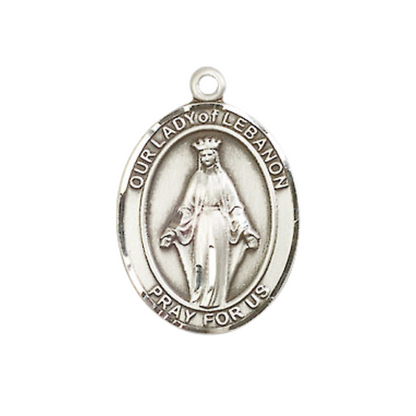 Medium Men's .925 Sterling Silver Our Lady of Lebanon Medal Pendant on 24 Inch Endless Rhodium Plated Heavy Curb Brass Chain, Catholic Religious Necklace - Made in USA- Deluxe Velvet Gift Box