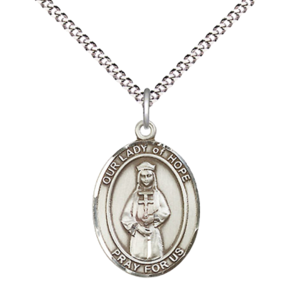Everlasting Light Jewelry Medium Women's Pewter Our Lady of Hope Pendant Necklace on 18- inch Rhodium- Plated Lite Curb Brass Chain – Catholic Religious Medal – Velvet Gift Box Included