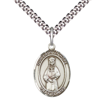 Everlasting Light Jewelry Medium Men's Pewter Our Lady of Hope Medal Pendant on 24 Inch Endless Rhodium Plated Heavy Curb Brass Chain, Catholic Religious Necklace - Made in USA- Deluxe Velvet Gift Box