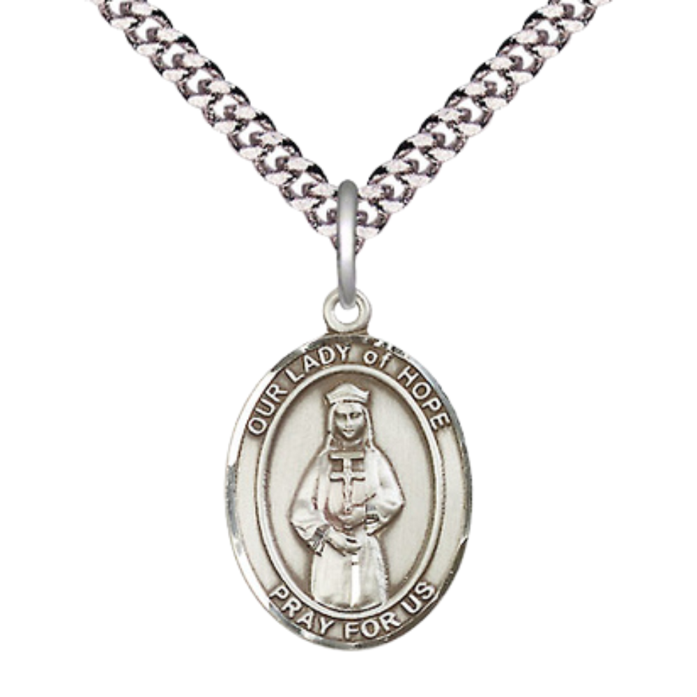 Mens Medium Oval Pewter Our Lady of Hope Medal Pendant on 24 Inch Rhodium Plated Heavy Curb Brass Chain with Lobster Claw Clasp, Catholic Religious Necklace - Made in USA- Deluxe Velvet Gift Box