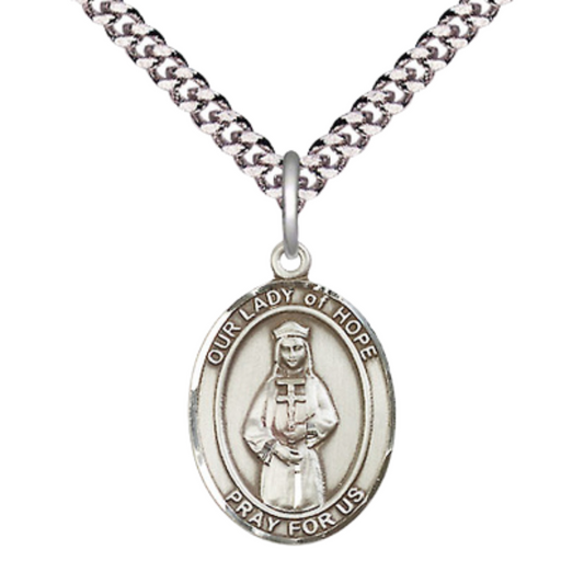 Medium Men's .925 Sterling Silver Our Lady of Hope Medal Pendant on 24 Inch Endless Rhodium Plated Heavy Curb Brass Chain,Catholic Religious Necklace -Made in USA- Deluxe Velvet Gift Box