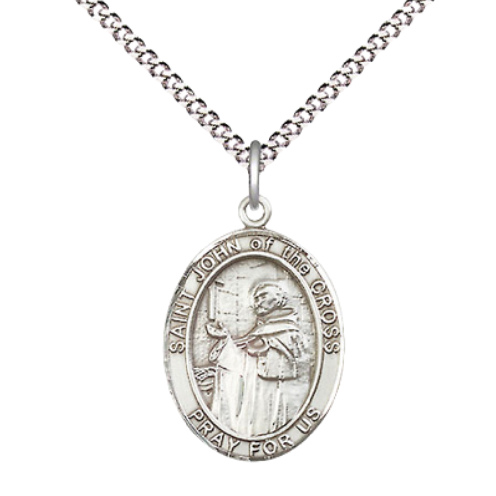 Everlasting Light Jewelry Medium Women's Pewter Saint St. John of the Cross Pendant Necklace on 18- inch Rhodium- Plated Lite Curb Brass Chain – Catholic Religious Medal – Velvet Gift Box Included