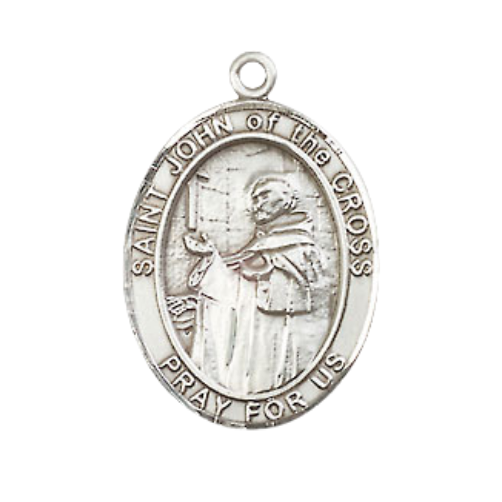 Medium Men's .925 Sterling Silver Patron Saint St.John of the Cross Medal Pendant with 24" Rhodium Plated Heavy Curb Chain Catholic Religious Necklace - Made in USA,Deluxe Velvet Gift Box