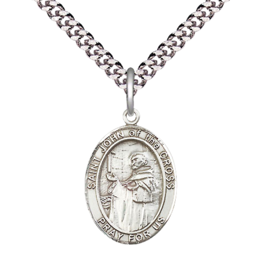 Medium Men's .925 Sterling Silver Patron Saint St.John of the Cross Medal Pendant with 24" Rhodium Plated Heavy Curb Chain Catholic Religious Necklace - Made in USA,Deluxe Velvet Gift Box