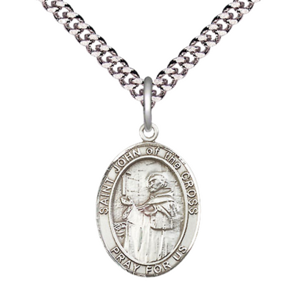 Everlasting Light Jewelry Medium Men's Pewter Patron Saint St.John of the Cross Medal Pendant with 24" Rhodium Plated Heavy Curb Chain Catholic Religious Necklace - Made in USA,Deluxe Velvet Gift Box