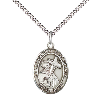 Everlasting Light Jewelry Medium Women's Pewter Saint St. Bernard of Clairvaux Pendant Necklace on 18- inch Rhodium- Plated Lite Curb Brass Chain – Catholic Religious Medal – Velvet Gift Box Included