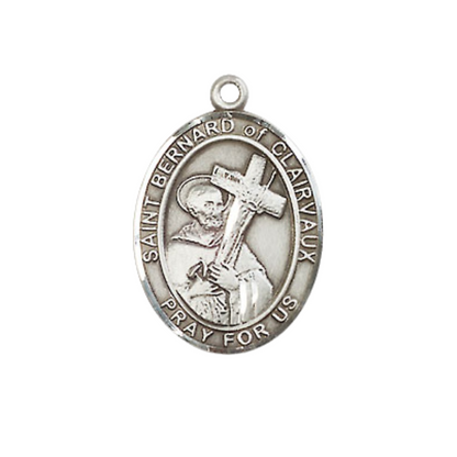 Medium Mens Oval Sterling Silver Saint Bernard of Clairvaux Medal Pendant on 24" Rhodium Plated Heavy Curb Brass Chain w/ Lobster Claw Clasp,Catholic Religious Necklace -Made in USA-Gift Boxed
