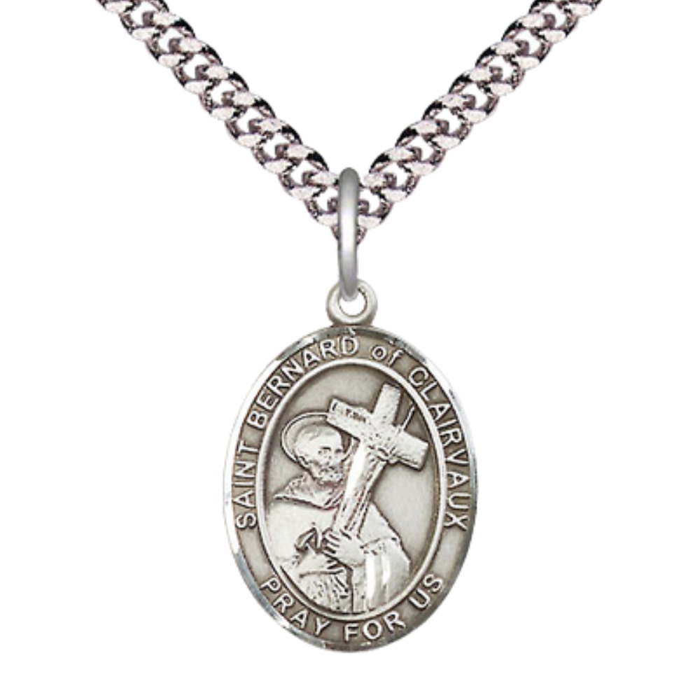 Mens Medium Oval Pewter Saint St. Bernard of Clairvaux Medal Pendant on 24 Inch Rhodium Plated Heavy Curb Brass Chain w/ Lobster Claw Clasp, Catholic Religious Necklace - Made in USA- Velvet Gift Box
