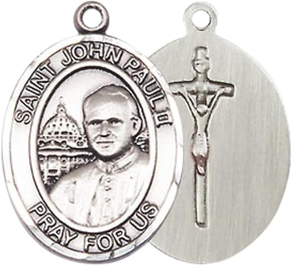 Everlasting Light Jewelry Medium Women's Pewter Saint St. John Paul II Medal Pendant with 18 Inch inchRhodium Plated Lite Curb Brass Chain Catholic Religious Necklace - Made in USA, Deluxe Velvet Gift Box