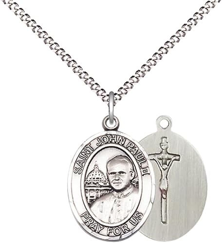 Everlasting Light Jewelry Medium Women's Pewter Saint St. John Paul II Medal Pendant with 18 Inch inchRhodium Plated Lite Curb Brass Chain Catholic Religious Necklace - Made in USA, Deluxe Velvet Gift Box