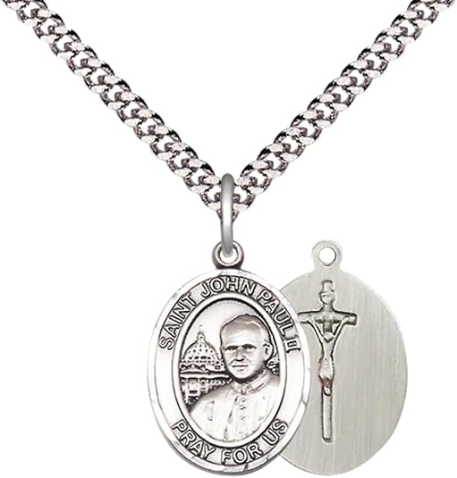 Everlasting Light Jewelry Medium Men's Pewter Saint St. John Paul II Medal Pendant 3/4 x 1/2 with 24 Inch inchRhodium Plated Heavy Curb Chain Catholic Religious Necklace - Made in USA, Deluxe Velvet Gift Box